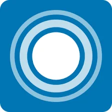 Icône circulaire bleue avec des anneaux concentriques, fond blanc.