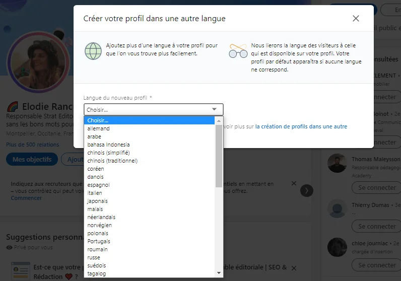 créer profil dans une autre langue