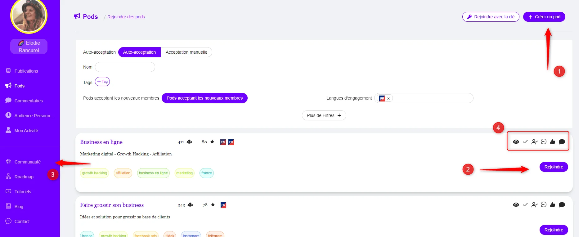 Interface gestion pods Waalaxy rejoindre