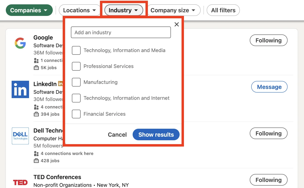LinkedIn advanced search by sector and industry