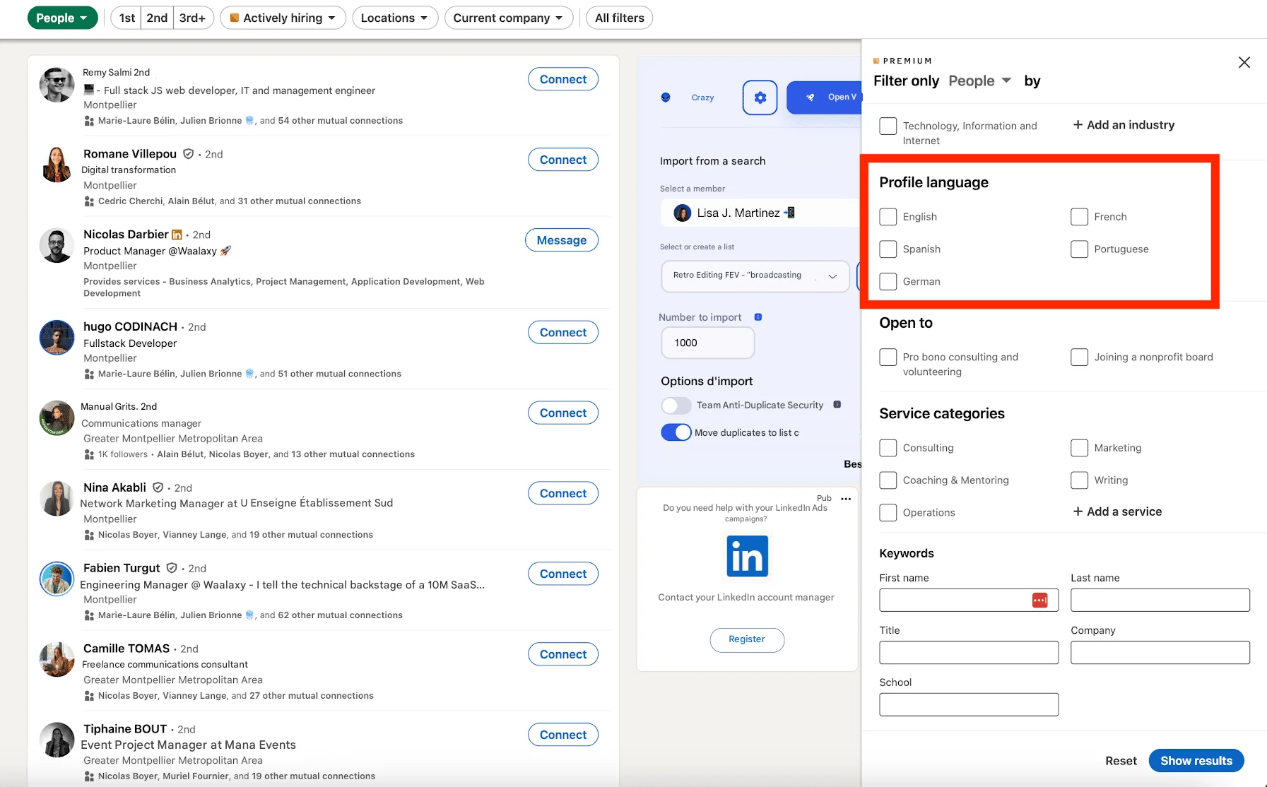 LinkedIn advanced search : select profile language.