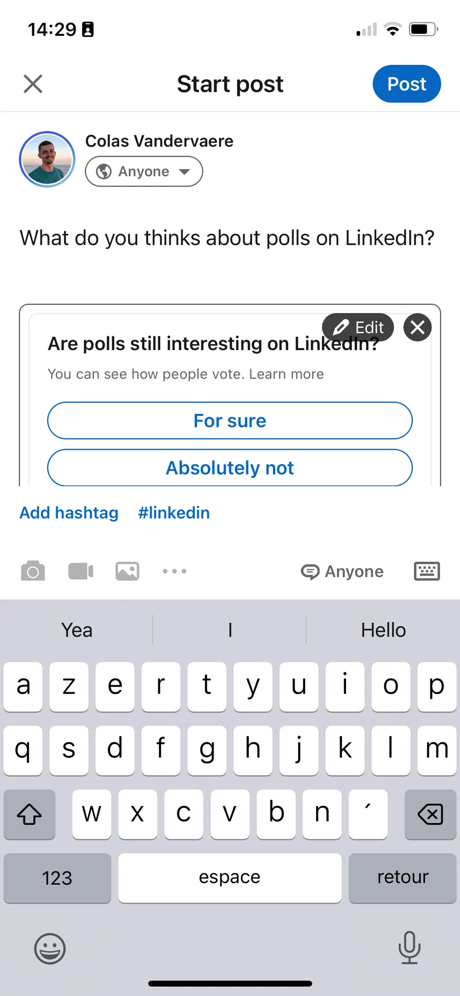 Création sondage LinkedIn interface