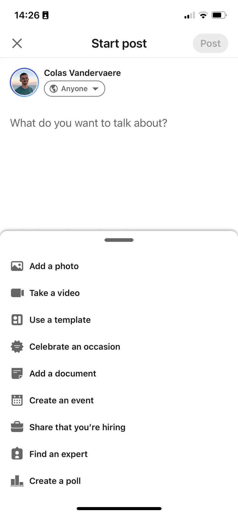 Interface création post Facebook exemple