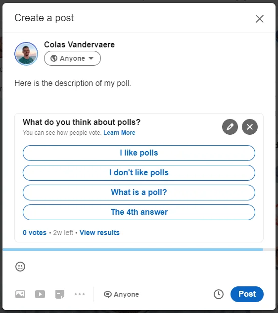 Création sondage LinkedIn avec options réponses