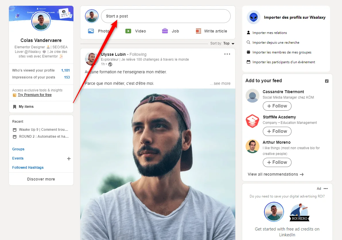 Click on "Start a post"