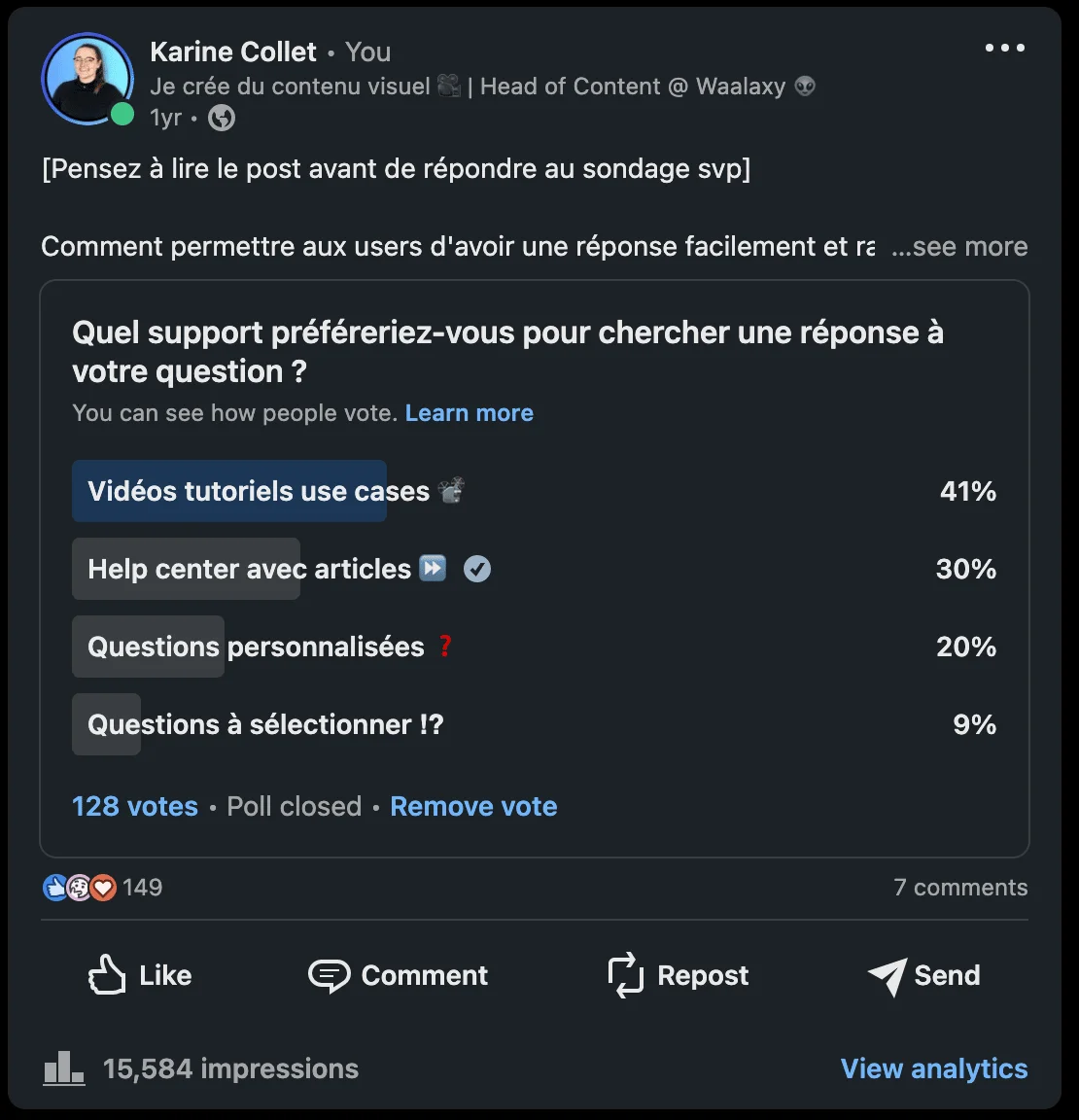 Image Facebook sondage: "Quel support préférez-vous ?" avec options et pourcentages.