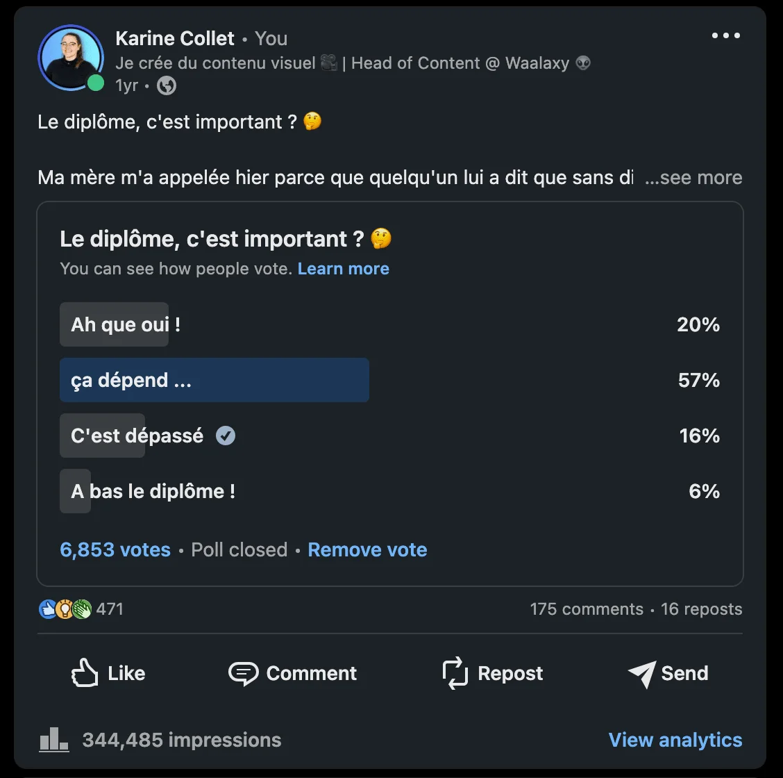 Capture d'écran d'une discussion Facebook sur l'importance du diplôme avec des réponses votées.