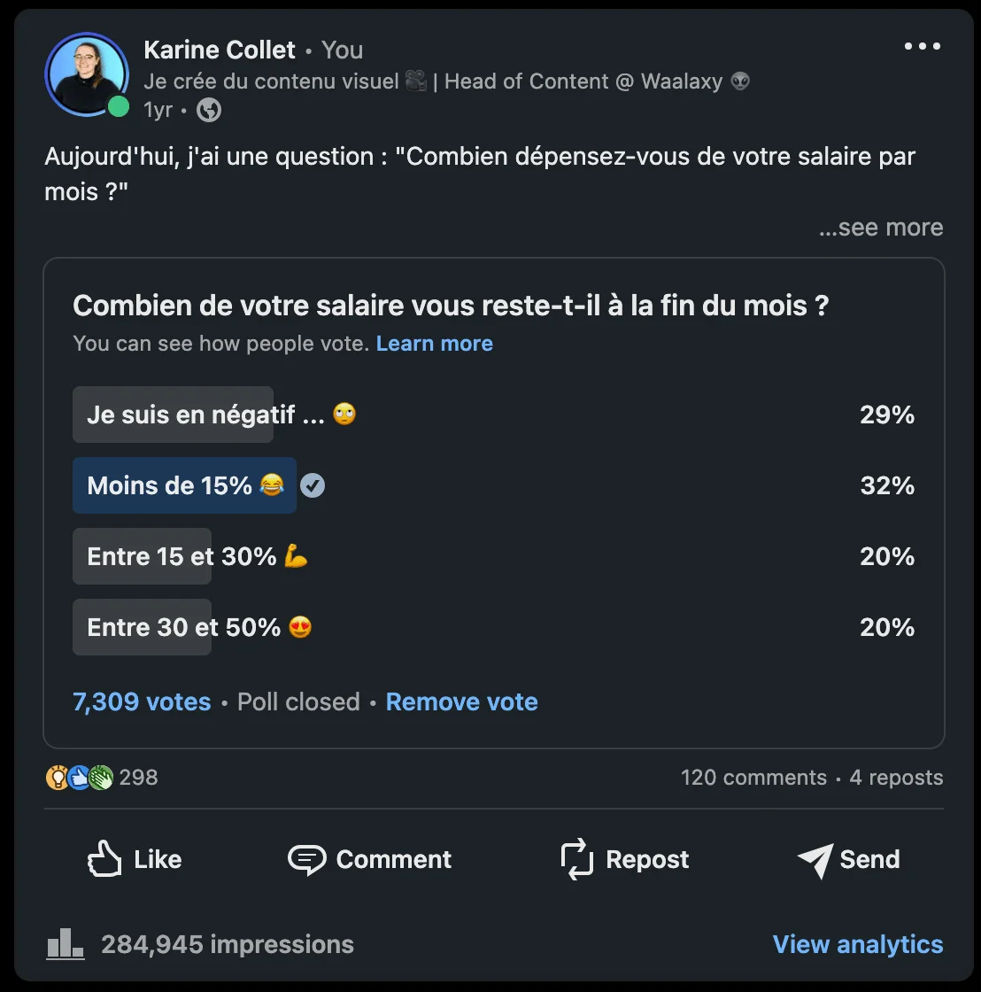 Poll sur salaire restant après dépenses, résultats en pourcentage.