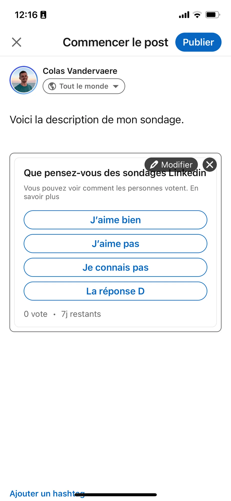 Page LinkedIn, sondage sur les sondages LinkedIn, options : J'aime bien, J'aime pas, Je connais pas, La réponse D.