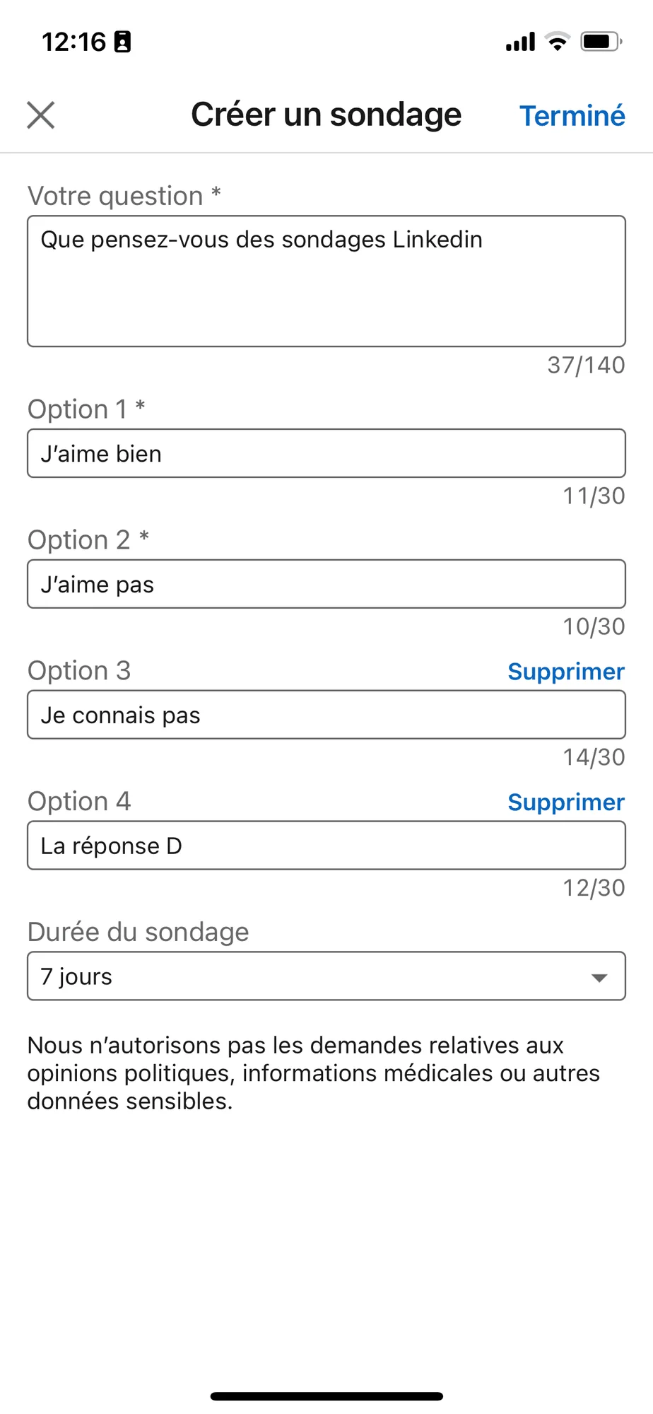 Création d'un sondage sur LinkedIn, options : "J'aime bien", "Je connais pas", "J'aime pas". Durée : 7 jours.