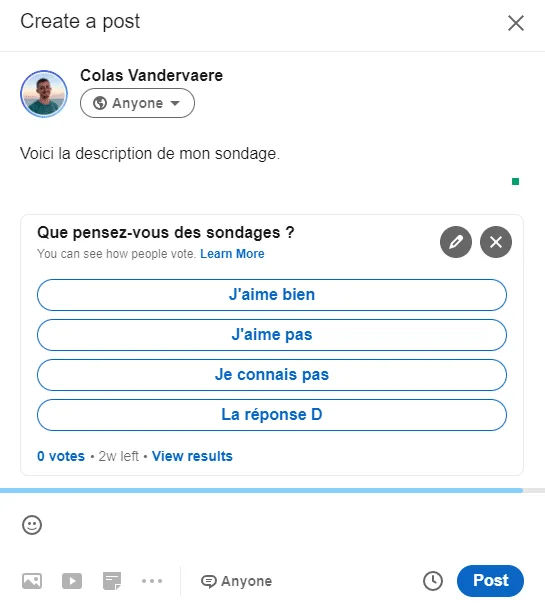 Page Facebook sondage "Que pensez-vous des sondages ?" avec réponses: J'aime bien, J'aime pas, Je connais pas, La réponse D. 2 semaines restantes.