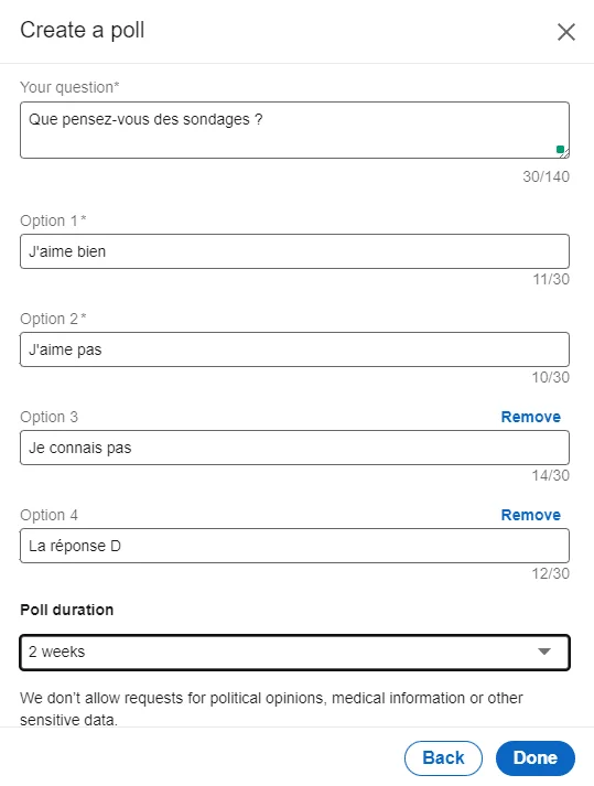 Page de sondage en français, question sur les sondages, options et durée 2 semaines.
