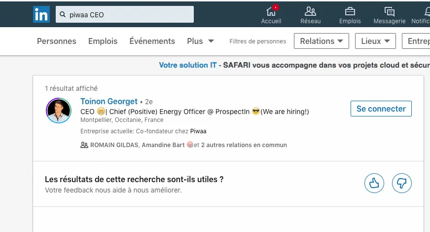 Profil LinkedIn du CEO Piwaa France