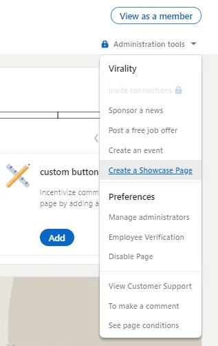 Menu outils administration page LinkedIn
