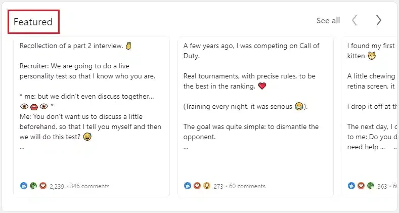 secção em destaque no LinkedIn