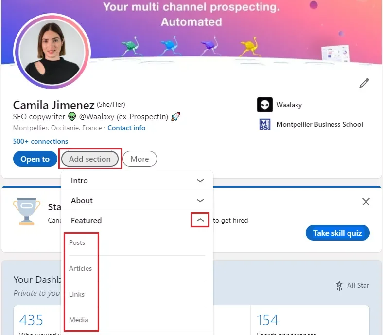 aggiungere il portafoglio linkedin