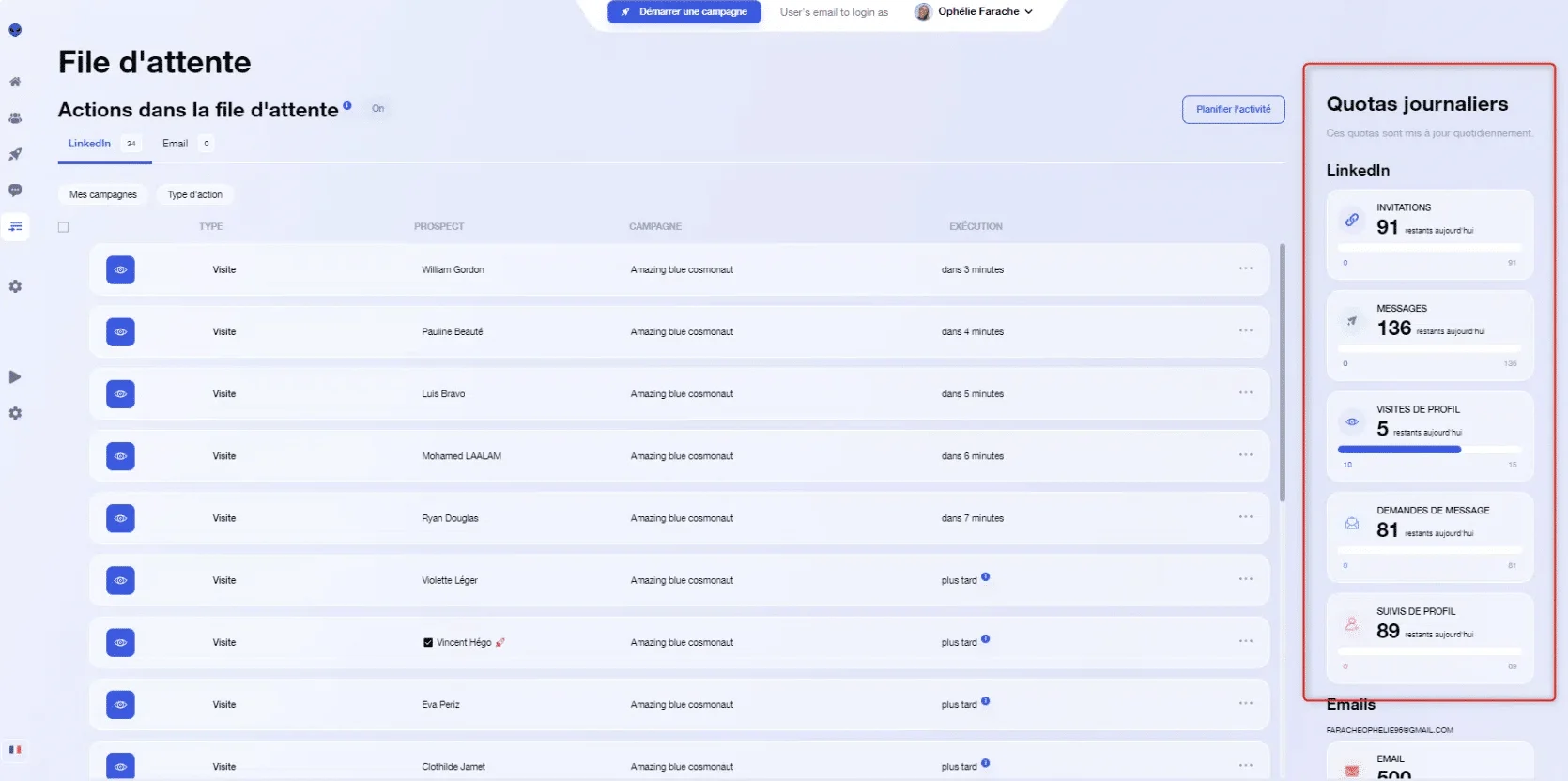 Page web montrant une file d'attente avec des actions et des quotas journaliers à droite.
