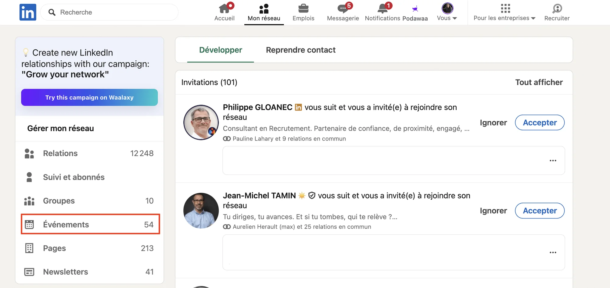 Page LinkedIn montrant des invitations à rejoindre le réseau et un nombre d'événements (54).