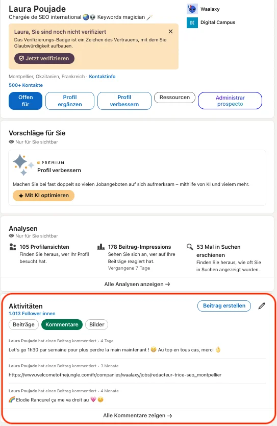 Abschnitt ‚Aktivität‘ im LinkedIn-Profil