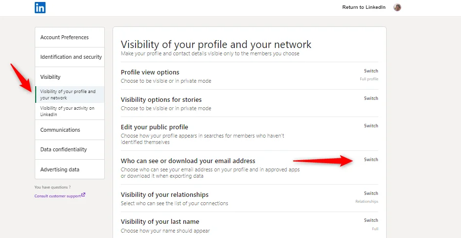 linkedin hide email