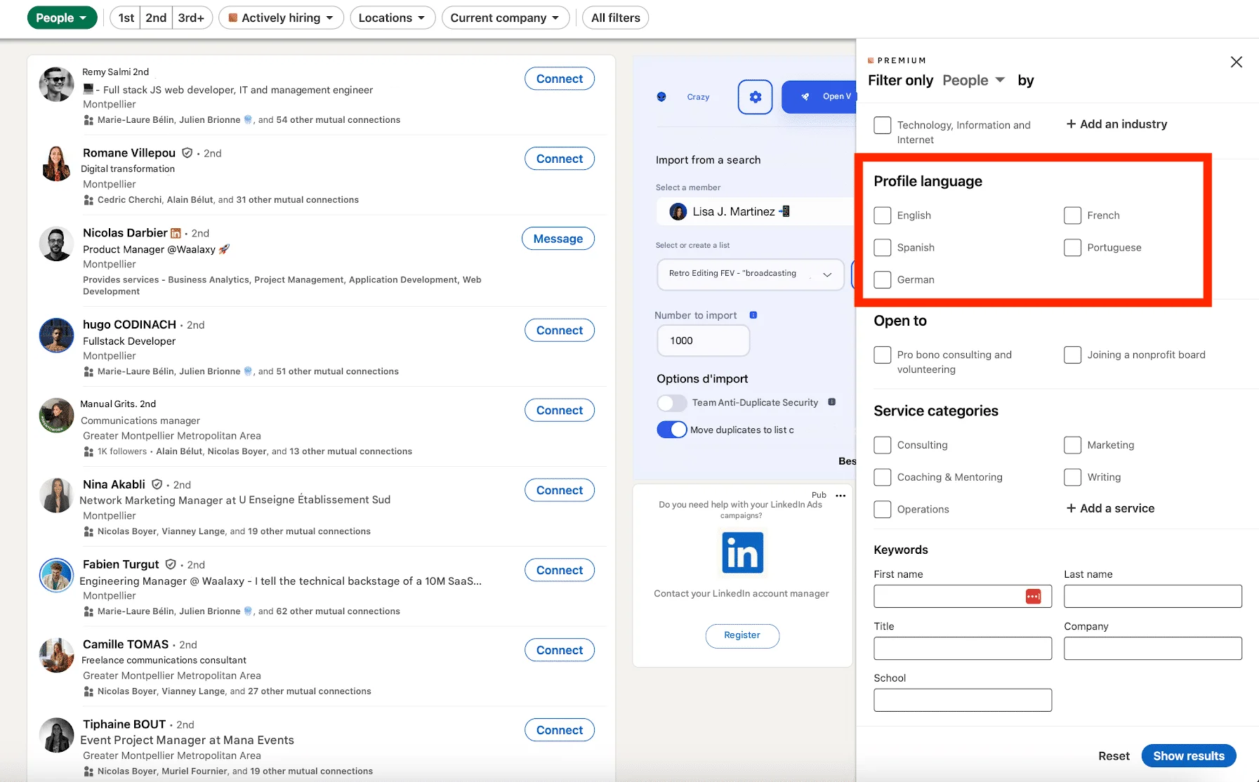 Pesquisa avançada no LinkedIn: selecionar a língua do perfil.