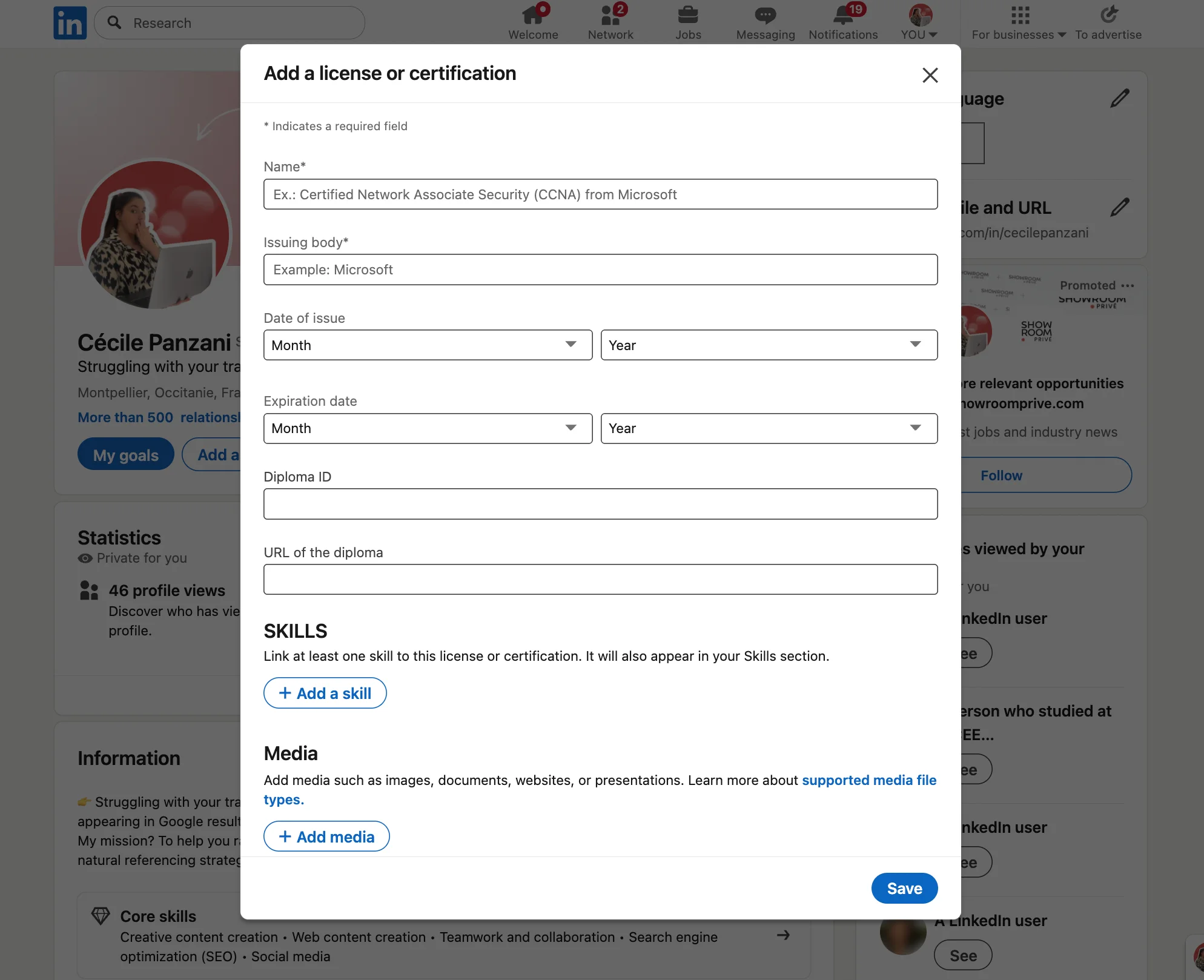 Fill out the form for a LinkedIn certification