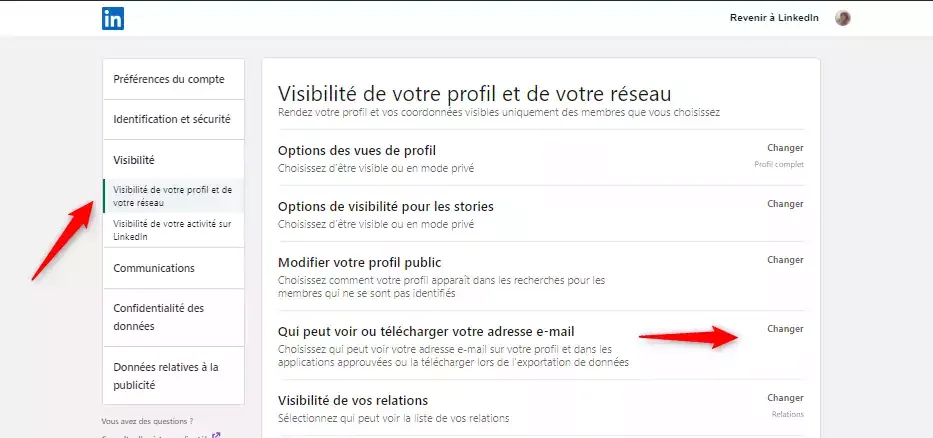 cacher adresse mail linkedin