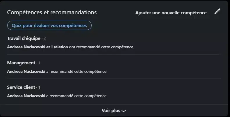 Compétences recommandations profil LinkedIn