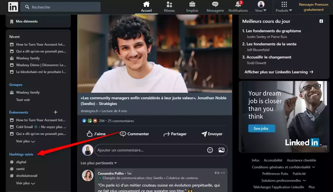 Interface LinkedIn engagement communauté