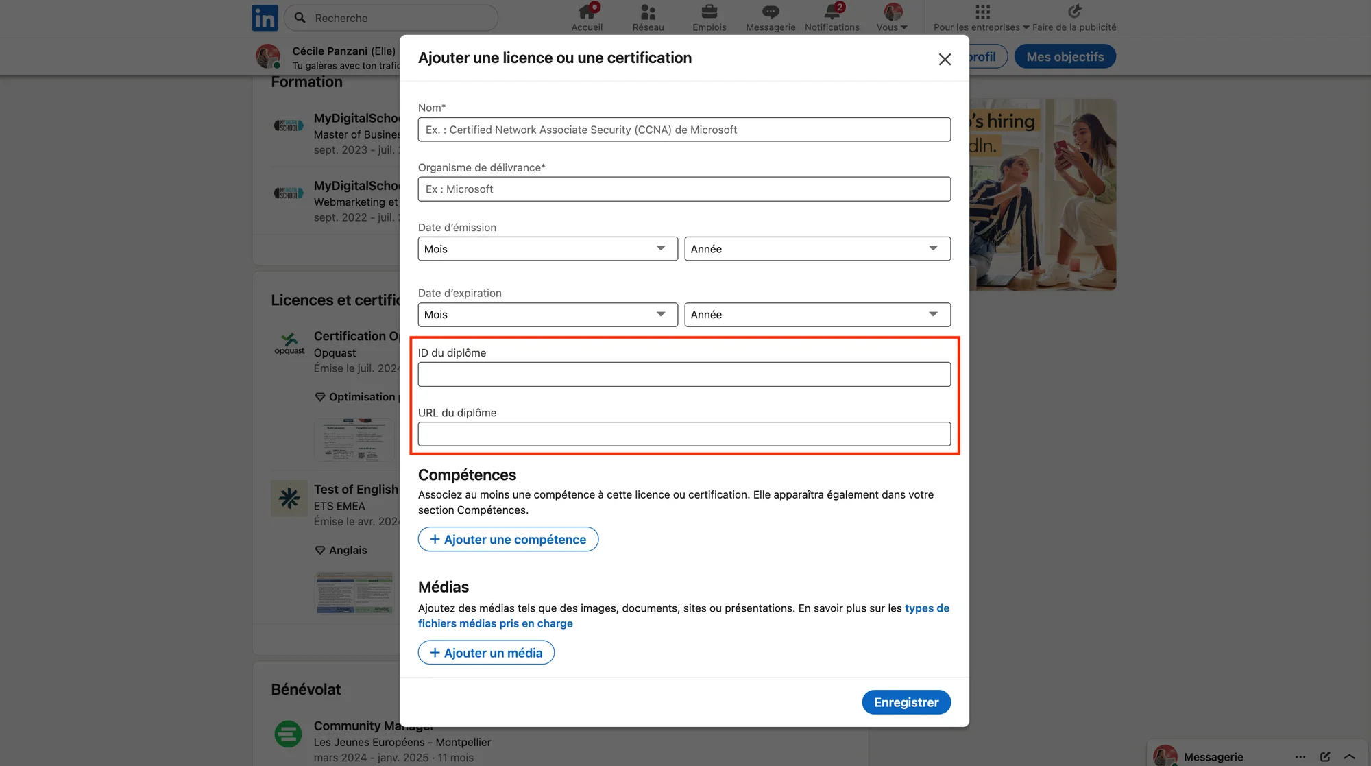 ajouter une certification LinkedIn avec une URL