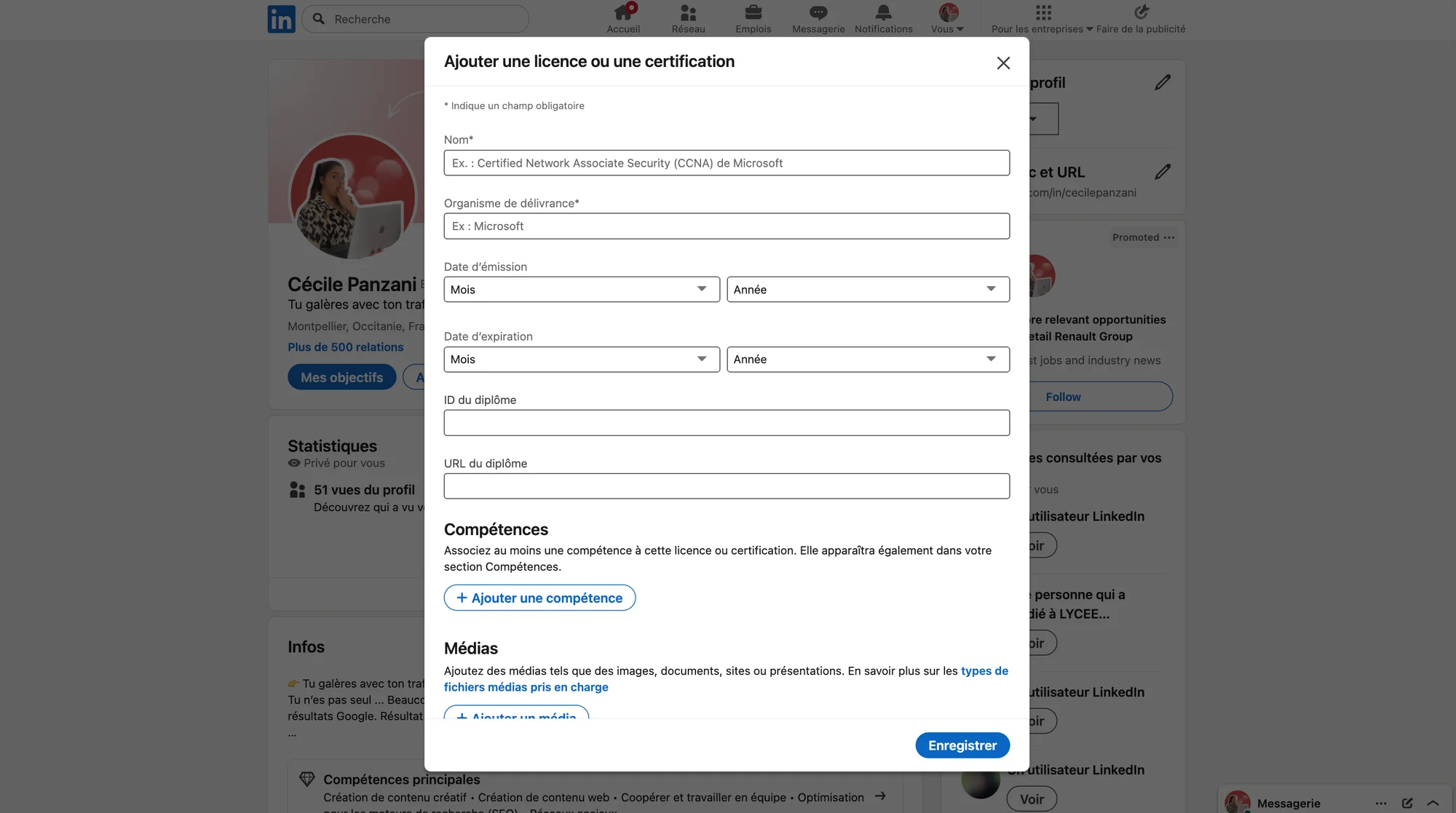 Remplir le formulaire pour une certification LinkedIn