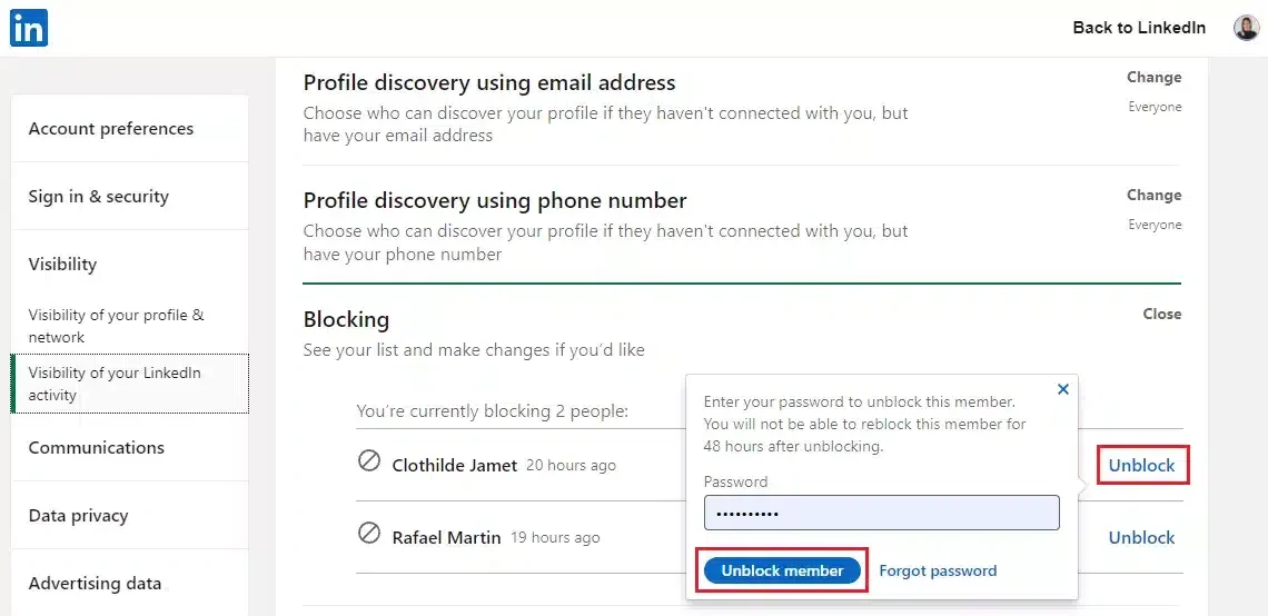 unblock member LinkedIn