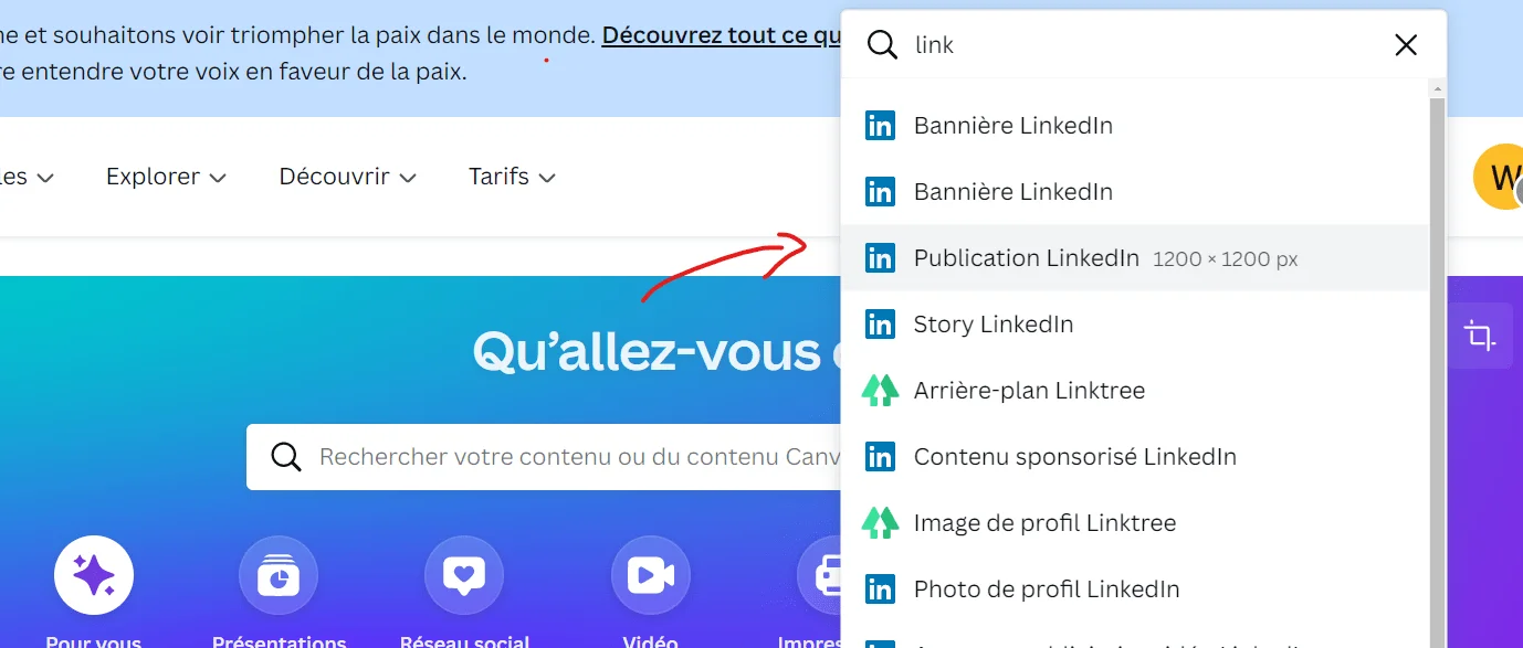 Page web avec menu déroulant pour publications LinkedIn. Texte "Publication LinkedIn" sélectionné. Contexte : plateforme d'entreprise.