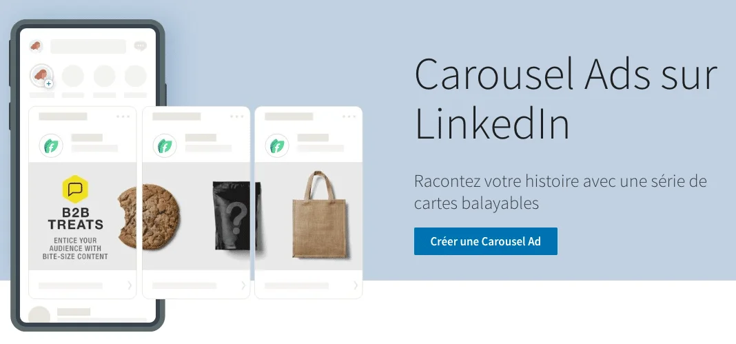 "Publicité LinkedIn Carousel Ads présentant des gâteaux et un sac en toile."