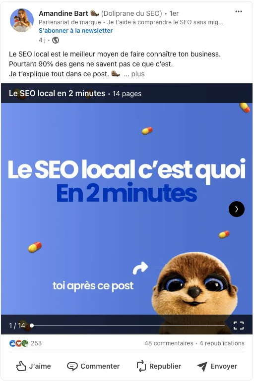 Image Facebook : publicité sur SEO local avec marmotte, texte en français.