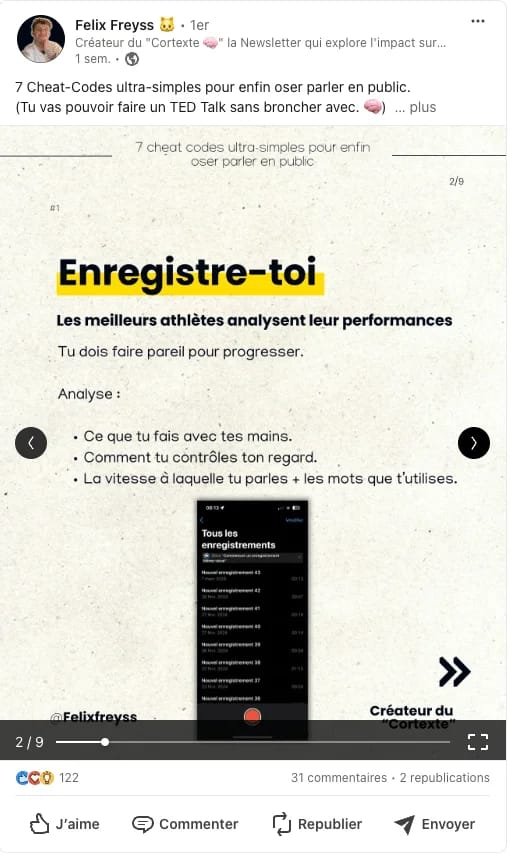 Image d'un post Facebook sur des conseils pour parler en public, titre "Enregistre-toi", contenu sur comment améliorer les performances orales.