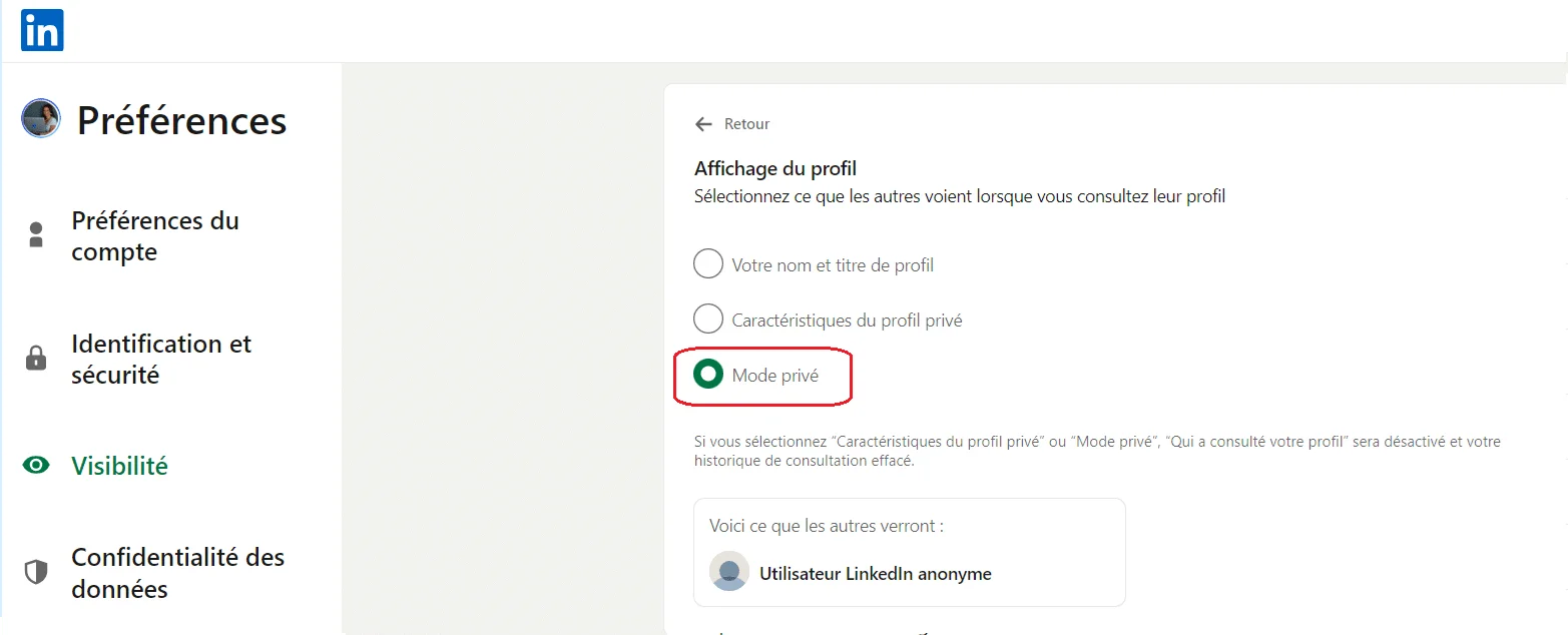 mode privé LinkedIn