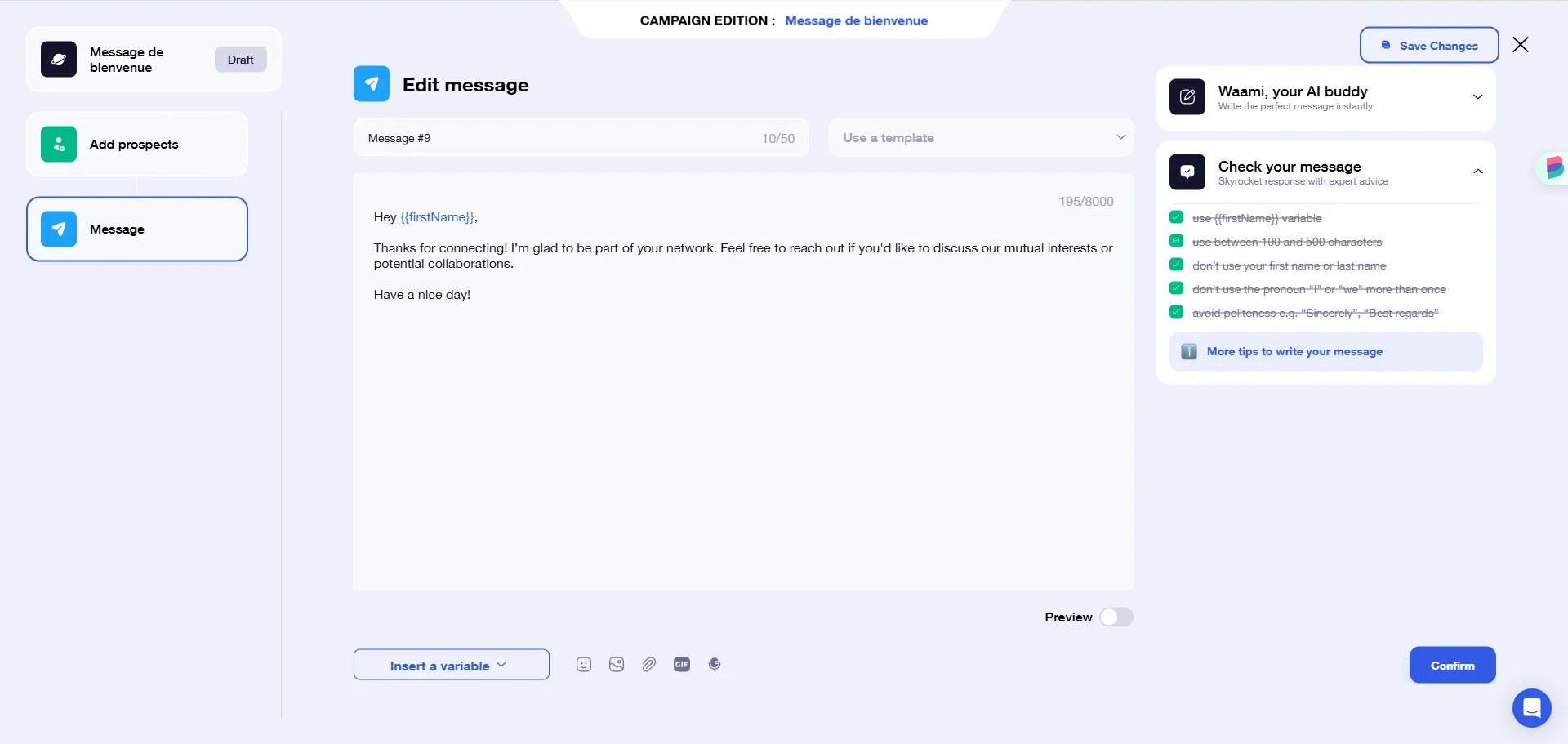 Message bienvenue Waalaxy prospection