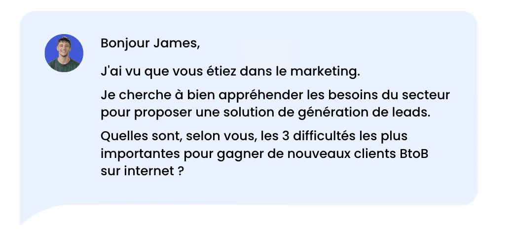 Message textuel : "Bonjour James, aide marketing B2B." Image profil : homme souriant. Contexte : discussion sur marketing B2B.