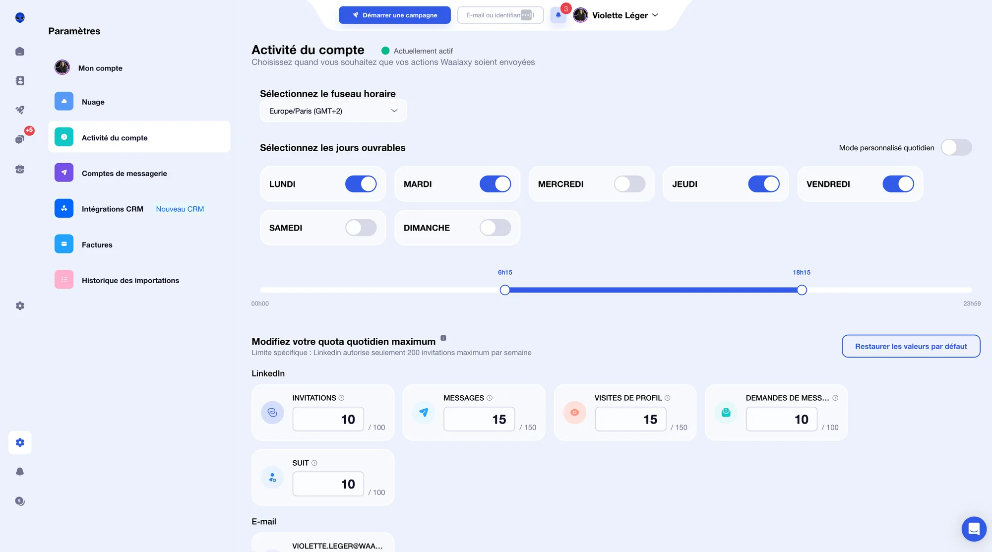 Page de paramètres d'activité de compte LinkedIn, avec des options de limitation quotidienne et hebdomadaire des actions.