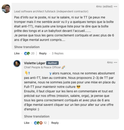 Deux commentaires en français sur un forum, discutant d'une culture de travail et des offres d'emploi.