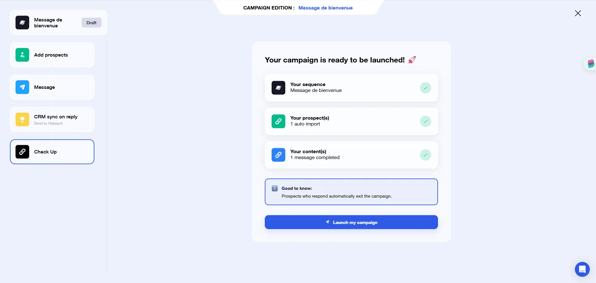 Interface campagne Waalaxy prête lancement