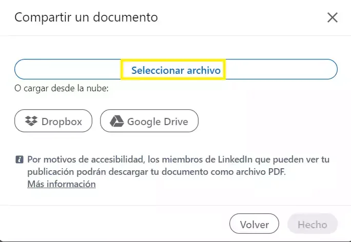 Interface partage document LinkedIn