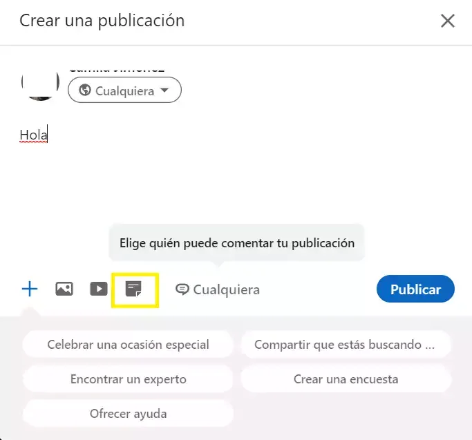Interface création publication LinkedIn