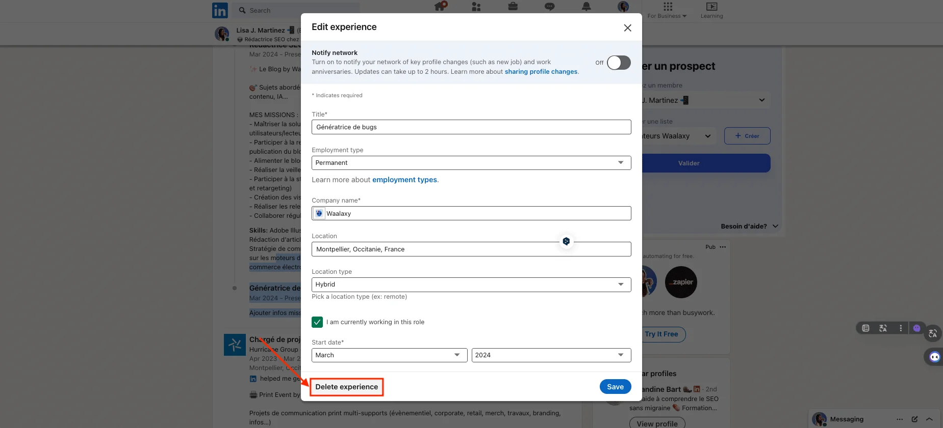 Delete a job, experience, promotion on LinkedIn