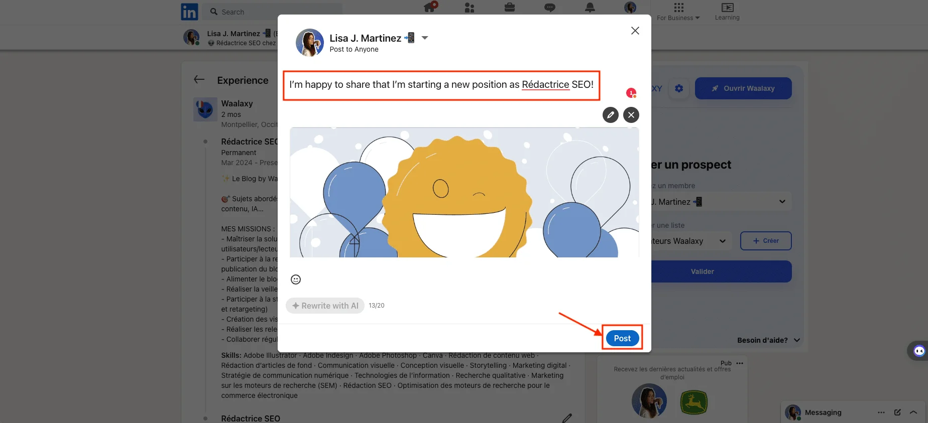 Partage annonce nouvelle position LinkedIn