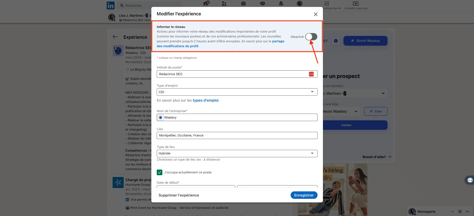 Ajouter une promotion sur LinkedIn : paramétrage d'information du réseau.