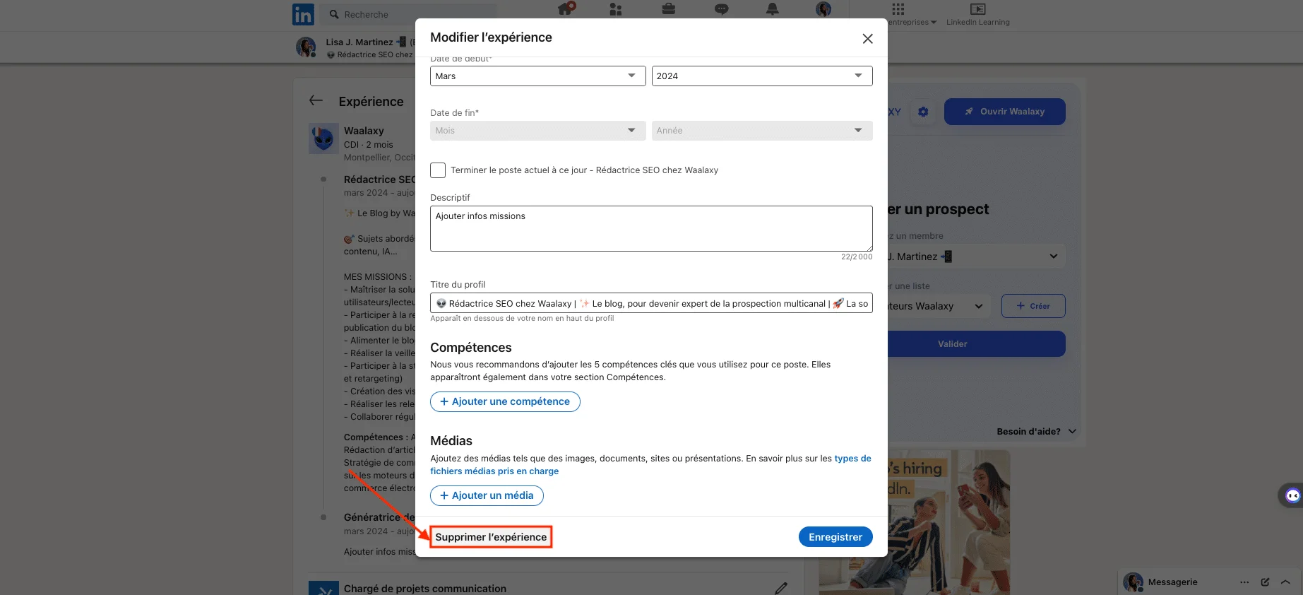 Supprimer un emploi, une expérience, une promotion sur LinkedIn