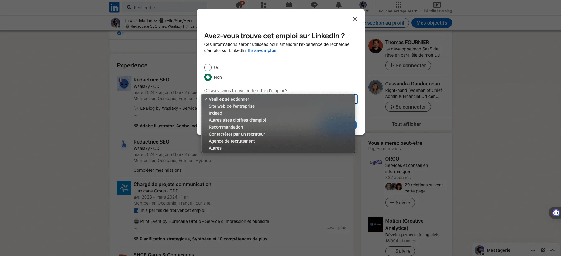 Ajout d'un emploi, une expérience, une promotion sur LinkedIn : Sondage LinkedIn "Non".