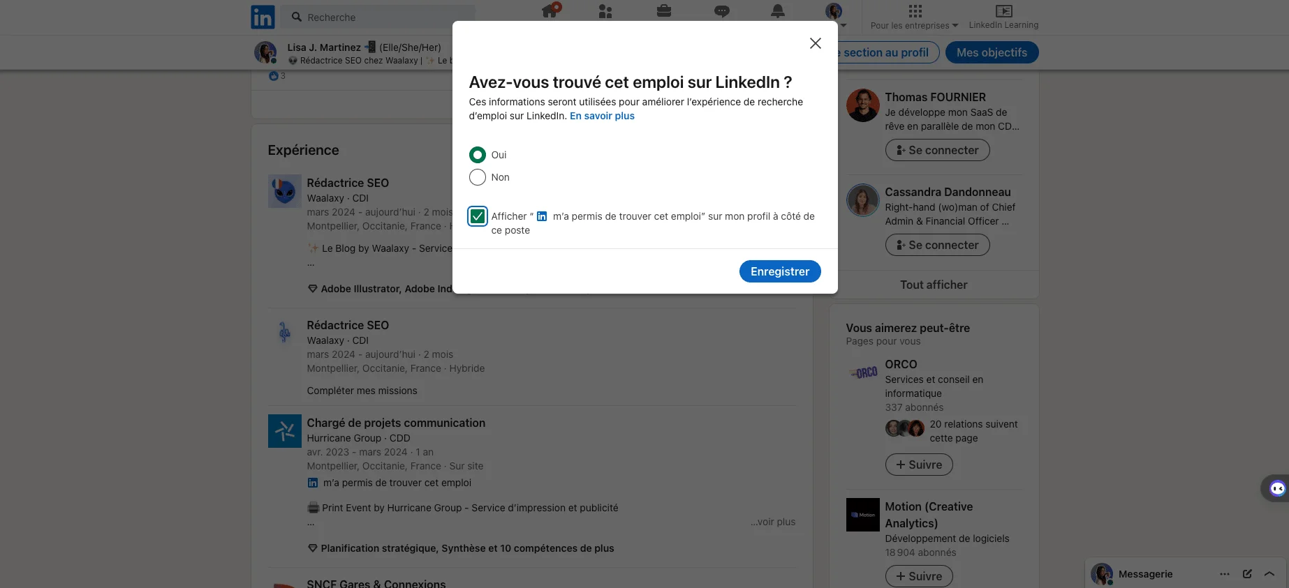Ajout d'un emploi, une expérience, une promotion sur LinkedIn : Sondage LinkedIn "Oui".